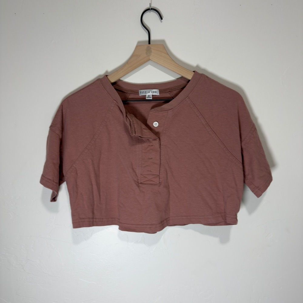Fitz‎ + Eddi Mauve Henley Crop Top 100% Cotton Short Sleeve Button Front Tee